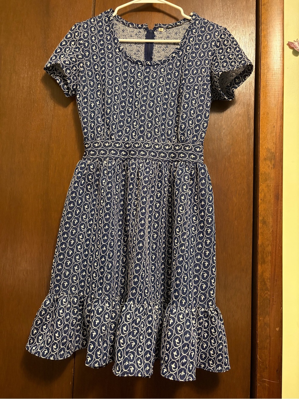 Vintage Navy Blue Printed Short-Sleeve Dress